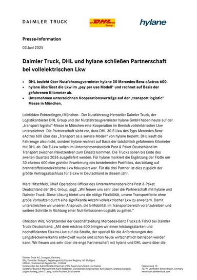 Daimler Truck, DHL und hylane schließen Partnerschaft bei vollelektrischen Lkw