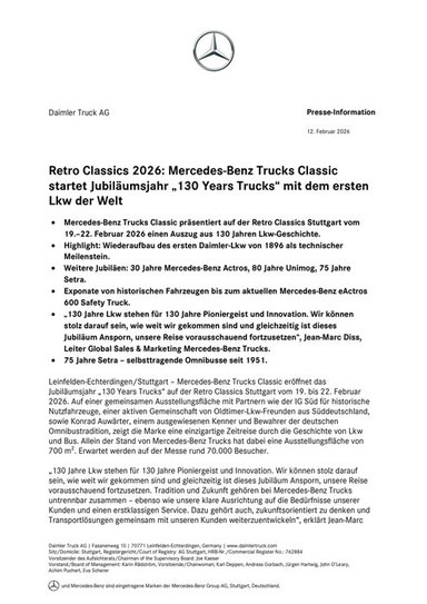 Retro Classics 2026: Mercedes-Benz Trucks Classic startet Jubiläumsjahr „130 Years Trucks“ mit dem ersten Lkw der Welt
