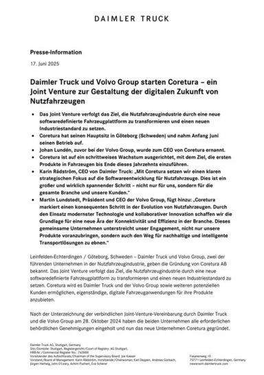 Daimler Truck und Volvo Group starten Coretura – ein Joint Venture zur Gestaltung der digitalen Zukunft von Nutzfahrzeugen