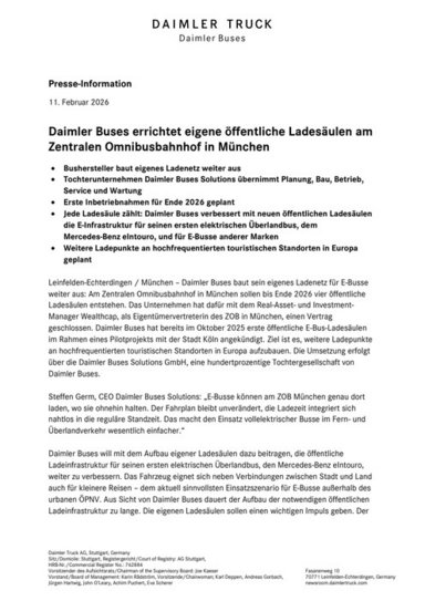 Daimler Buses errichtet eigene öffentliche Ladesäulen am Zentralen Omnibusbahnhof in München