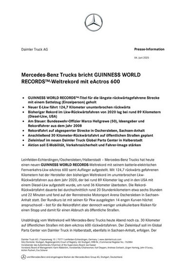Mercedes-Benz Trucks bricht GUINNESS WORLD RECORDS™-Weltrekord mit eActros 600