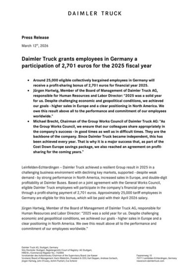 Daimler Truck grants employees in Germany a participation of 2,701 euros for the 2025 fiscal year