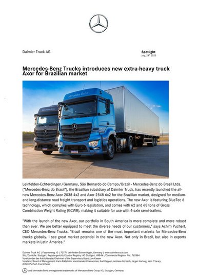 Mercedes-Benz Trucks introduces new extra-heavy truck Axor for Brazilian market