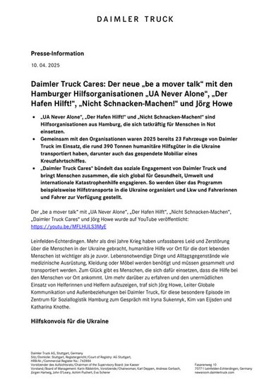 Daimler Truck Cares: Der neue „be a mover talk“ mit den Hamburger Hilfsorganisationen „UA Never Alone“, „Der Hafen Hilft!“, „Nicht Schnacken-Machen!“ und Jörg Howe