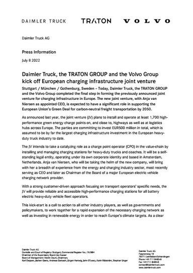 Daimler Truck, the TRATON GROUP and the Volvo Group kick off European charging infrastructure joint venture