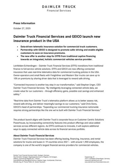 Daimler Truck Financial Services and GEICO launch new insurance product in the USA
