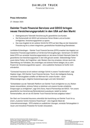 Daimler Truck Financial Services und GEICO bringen neues Versicherungsprodukt in den USA auf den Markt