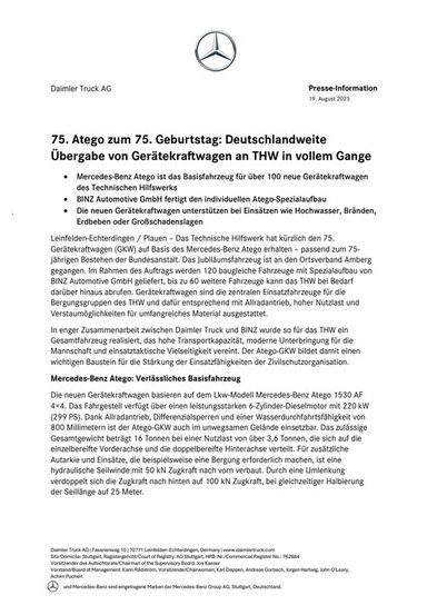 75. Atego zum 75. Geburtstag: Deutschlandweite Übergabe von Gerätekraftwagen an THW in vollem Gange