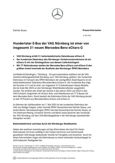 Hundertster E-Bus der VAG Nürnberg ist einer von insgesamt 31 neuen Mercedes-Benz eCitaro G