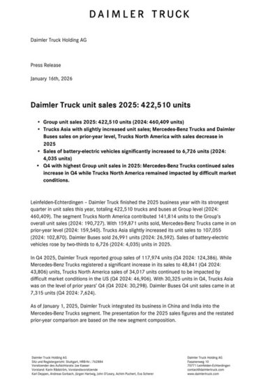 Daimler Truck unit sales 2025: 422,510 units