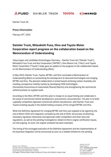 Daimler Truck, Mitsubishi Fuso, Hino and Toyota Motor Corporation report progress on the collaboration based on the Memorandum of Understanding