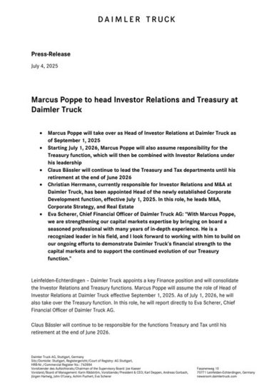 Marcus Poppe to head Investor Relations and Treasury at Daimler Truck