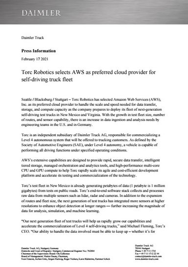 Torc Robotics selects AWS as preferred cloud provider for self-driving truck fleet