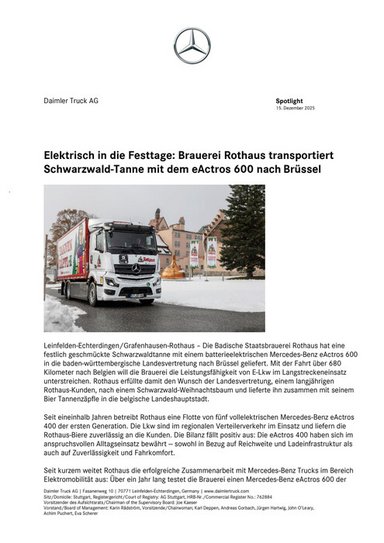 Elektrisch in die Festtage: Brauerei Rothaus transportiert Schwarzwald-Tanne mit dem eActros 600 nach Brüssel