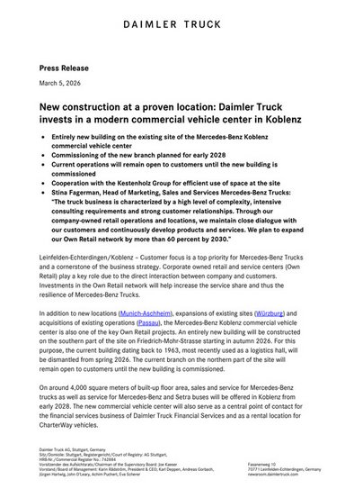 New construction at a proven location: Daimler Truck invests in a modern commercial vehicle center in Koblenz