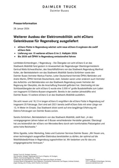 Weiterer Ausbau der Elektromobilität: acht eCitaro Gelenkbusse für Regensburg ausgeliefert