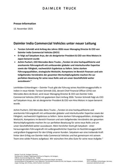 Daimler India Commercial Vehicles unter neuer Leitung