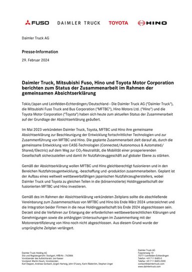 Daimler Truck, Mitsubishi Fuso, Hino und Toyota Motor Corporation berichten zum Status der Zusammenarbeit im Rahmen der gemeinsamen Absichtserklärung