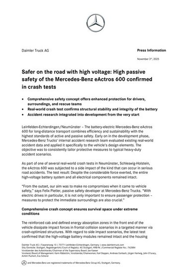 Safer on the road with high voltage: High passive safety of the Mercedes-Benz eActros 600 confirmed in crash tests