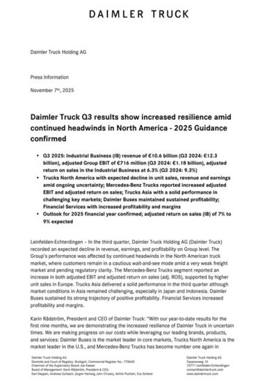 Daimler Truck Q3 results show increased resilience amid continued headwinds in North America - 2025 Guidance confirmed