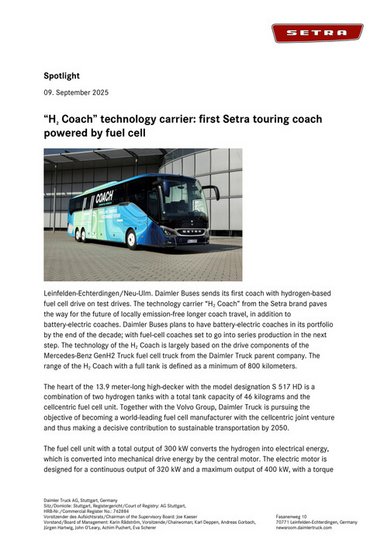 “H₂ Coach” technology carrier: first Setra touring coach powered by fuel cell