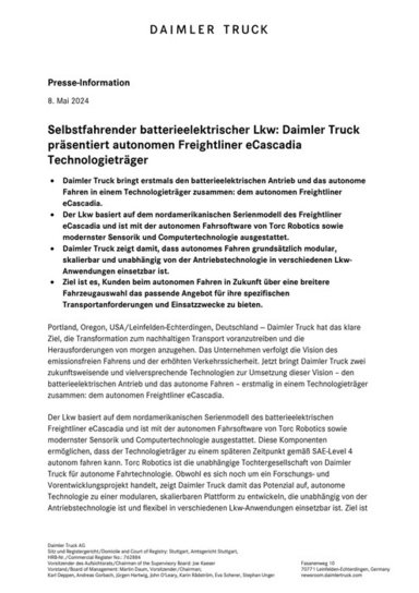 Selbstfahrender batterieelektrischer Lkw: Daimler Truck präsentiert autonomen Freightliner eCascadia Technologieträger