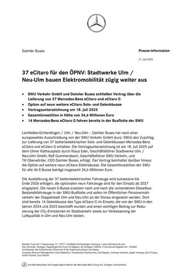 37 eCitaro für den ÖPNV: Stadtwerke Ulm /  Neu-Ulm bauen Elektromobilität zügig weiter aus