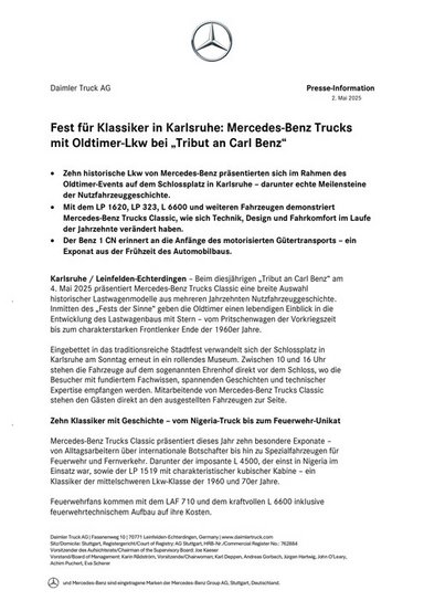 Fest für Klassiker in Karlsruhe: Mercedes-Benz Trucks mit Oldtimer-Lkw bei „Tribut an Carl Benz“