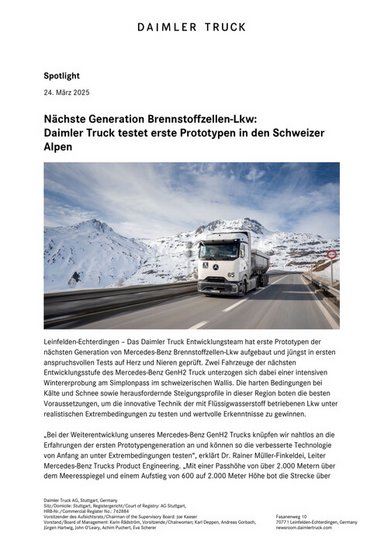 Nächste Generation Brennstoffzellen-Lkw:  Daimler Truck testet erste Prototypen in den Schweizer Alpen