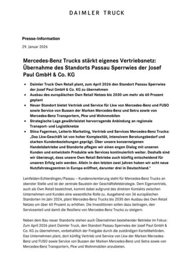 Mercedes-Benz Trucks stärkt eigenes Vertriebsnetz: Übernahme des Standorts Passau Sperrwies der Josef Paul GmbH & Co. KG