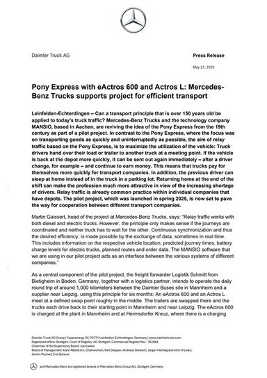 Pony Express with eActros 600 and Actros L: Mercedes-Benz Trucks supports project for efficient transport