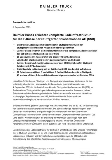 Daimler Buses errichtet komplette Ladeinfrastruktur für die E-Busse der Stuttgarter Straßenbahnen AG (SSB)
