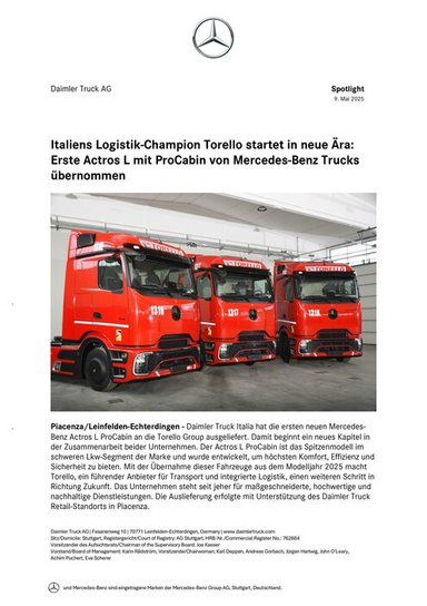 Italiens Logistik-Champion Torello startet in neue Ära: Erste Actros L mit ProCabin von Mercedes-Benz Trucks übernommen