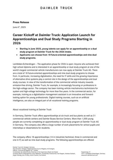 Career Kickoff at Daimler Truck: Application Launch for Apprenticeships and Dual Study Programs Starting in 2026