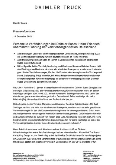 Personelle Veränderungen bei Daimler Buses: Heinz Friedrich übernimmt Führung der Vertriebsorganisation Deutschland