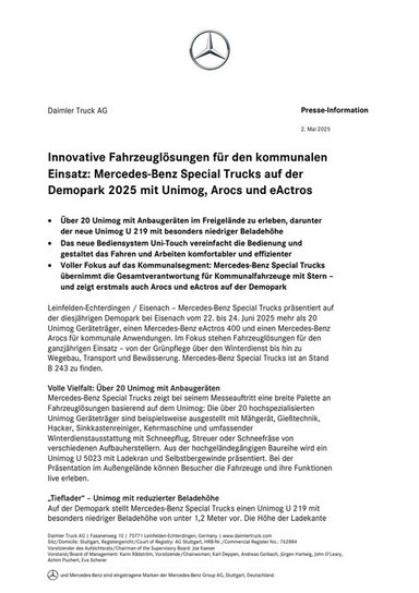 Innovative Fahrzeuglösungen für den kommunalen Einsatz: Mercedes-Benz Special Trucks auf der Demopark 2025 mit Unimog, Arocs und eActros