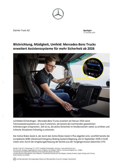 Blickrichtung, Müdigkeit, Umfeld: Mercedes-Benz Trucks erweitert Assistenzsysteme für mehr Sicherheit ab 2026