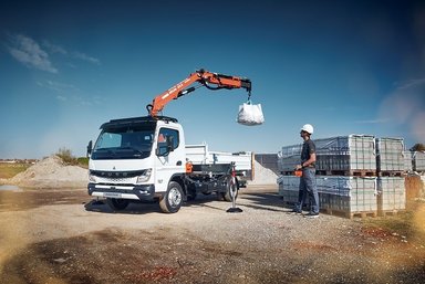 FUSO Canter (7.49 t) with a three-way tipper from Meiller and a crane from Atlas, a comfort single cab