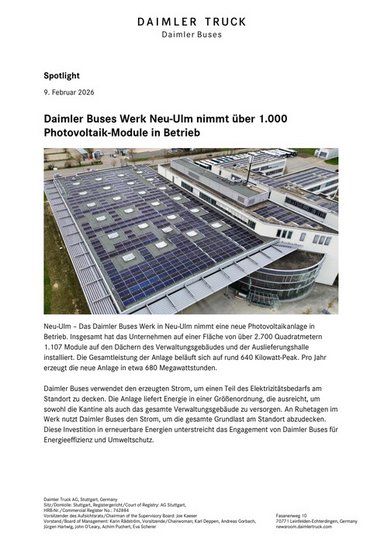 Daimler Buses Werk Neu-Ulm nimmt über 1.000 Photovoltaik-Module in Betrieb