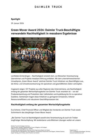 Green Mover Award 2026: Daimler Truck Beschäftigte verwandeln Nachhaltigkeit in messbare Ergebnisse