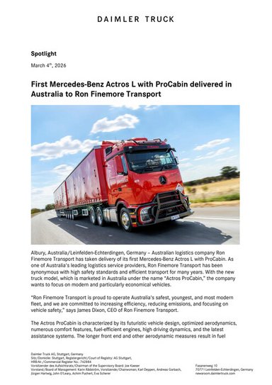 First Mercedes-Benz Actros L with ProCabin delivered in Australia to Ron Finemore Transport