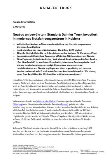 Neubau an bewährtem Standort: Daimler Truck investiert in modernes Nutzfahrzeugzentrum in Koblenz
