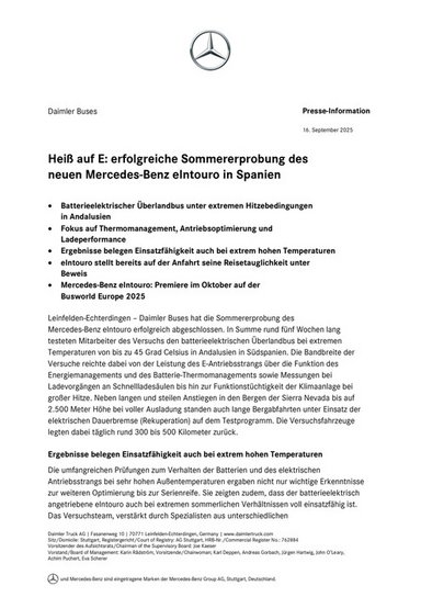 Heiß auf E: erfolgreiche Sommererprobung des neuen Mercedes-Benz eIntouro in Spanien