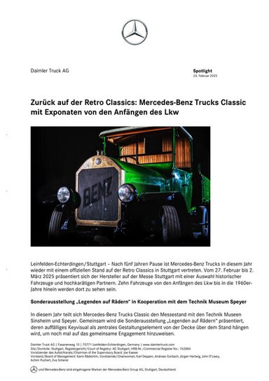 Zurück auf der Retro Classics: Mercedes-Benz Trucks Classic mit Exponaten von den Anfängen des Lkw