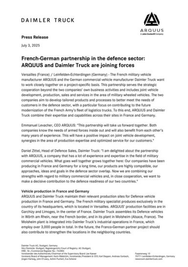 French-German partnership in the defence sector: ARQUUS and Daimler Truck are joining forces