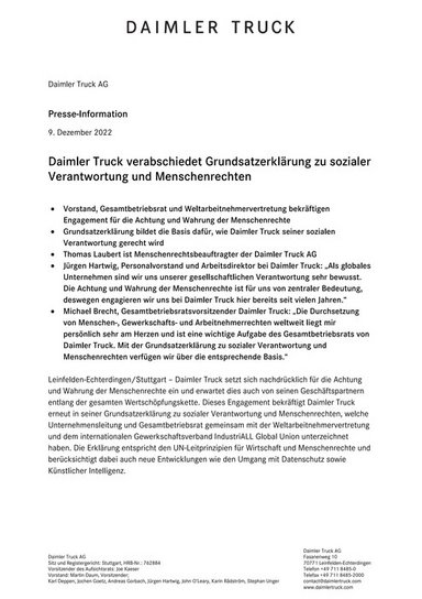 Daimler Truck verabschiedet Grundsatzerklärung zu sozialer Verantwortung und Menschenrechten