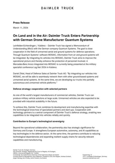 On Land and in the Air: Daimler Truck Enters Partnership with German Drone Manufacturer Quantum Systems