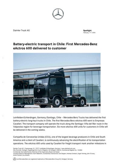 Battery-electric transport in Chile: First Mercedes-Benz eActros 600 delivered to customer