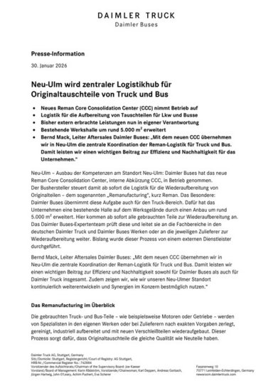 Neu‑Ulm wird zentraler Logistikhub für Originaltauschteile von Truck und Bus