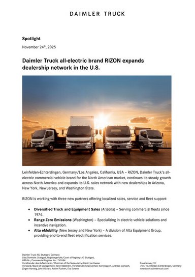 Daimler Truck all-electric brand RIZON expands dealership network in the U.S.
